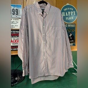 Abercrombie & Fitch Men’s White Button-Down Shirt with Blue & Orange Stripes
